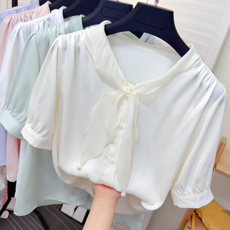 Silk Scarf Small Bow Tie Short-Sleeved Chiffon Shirt for Women Summer New Style Bow Tie Acetate Satin White Shirt Top Silk Scarf Small Bow Tie Short-Sleeved Chiffon Shirt for Women Summer New Style Bow Tie Acetate Satin White Shirt Top