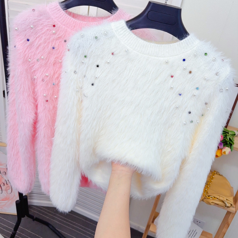 Pearl-Encrusted Round-Neck Mink Velvet Inner Sweater for Women, New Autumn and Winter Versatile Mohair Base Knit Top