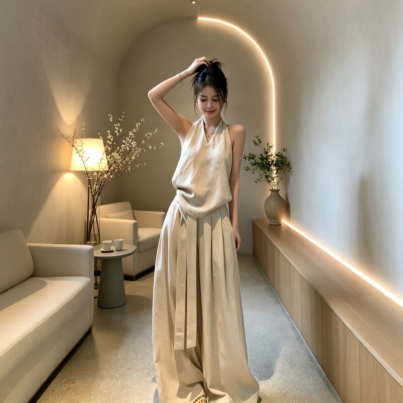 Minimalist Old Money Style Casual Sports Suit for Women, Summer Halter Neck Tank Top and Wide-Leg Pants, Elegant and Slimming Two-Piece Set