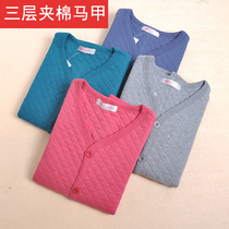 Middle-aged men and women padded cotton waistcoat Cotton three-layer warm large size cotton waistcoat open body placket warm horse clip