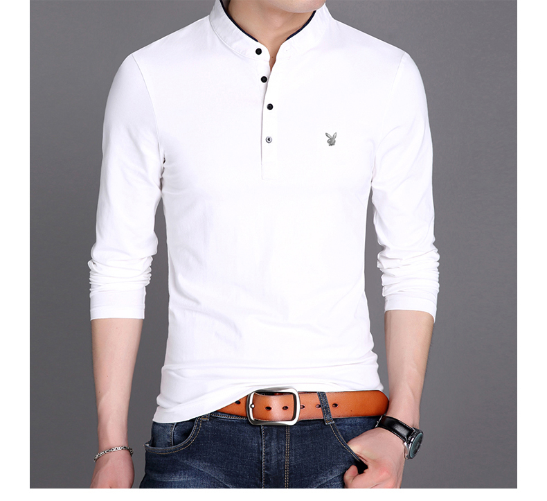 Playboy nam mùa xuân và mùa thu mới áo thun dài tay nam đứng cổ áo Slim triều nam chạm đáy áo cotton nam Hàn Quốc t áo thun thể thao nam