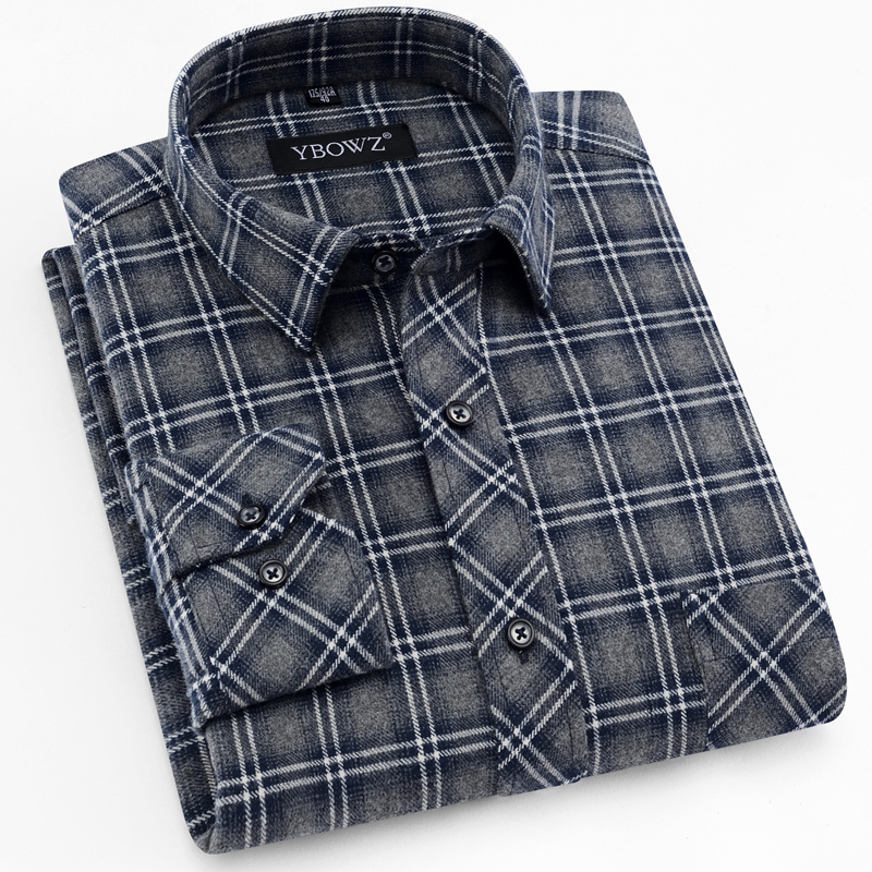 Spring and Autumn Men's Pure Cotton Brushed Plaid Shirt, Casual Dad Style Long-Sleeve Loose Non-Iron Shirt for Middle-Aged and Elderly Men