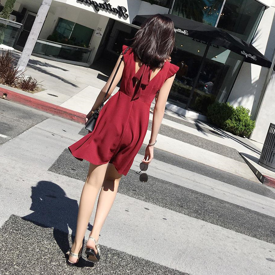 South Korea 2021 autumn new style careful machine leaking back dress women waist slim red sexy chiffon skirt