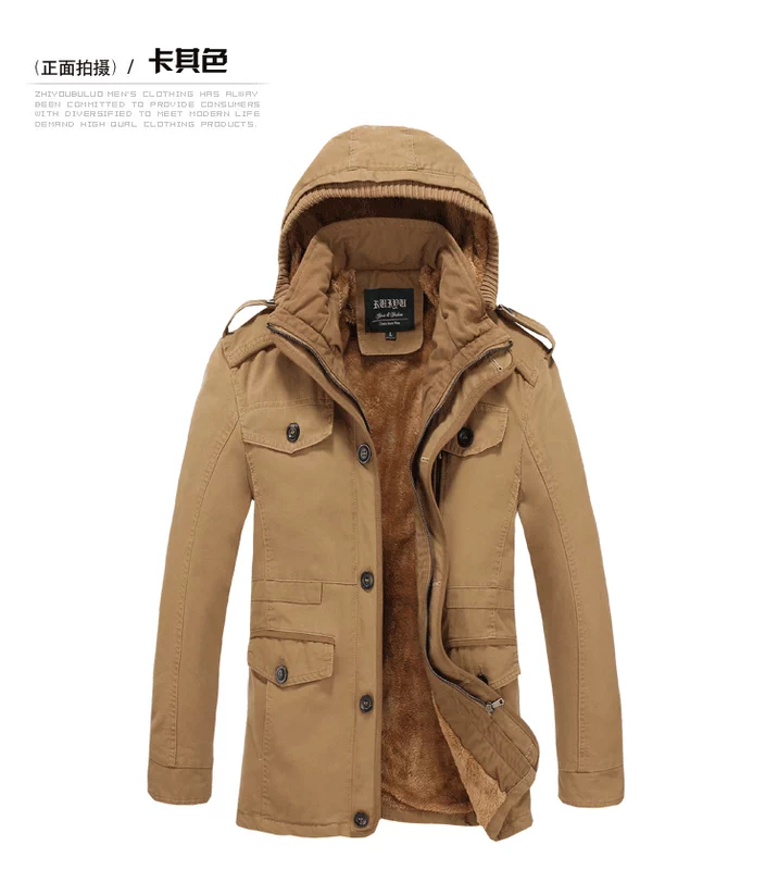 Áo khoác nam có mũ trùm đầu mùa thu đông trung dài nhung dày ấm lambswool áo khoác cotton áo khoác xuống quần áo cotton