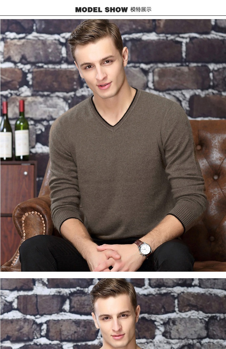 Ordos City 100% Áo cashmere nguyên chất Áo thun nam cổ chữ V trẻ trung Áo len cổ lọ Trái tim điều chỉnh đan áo len áo parka nam