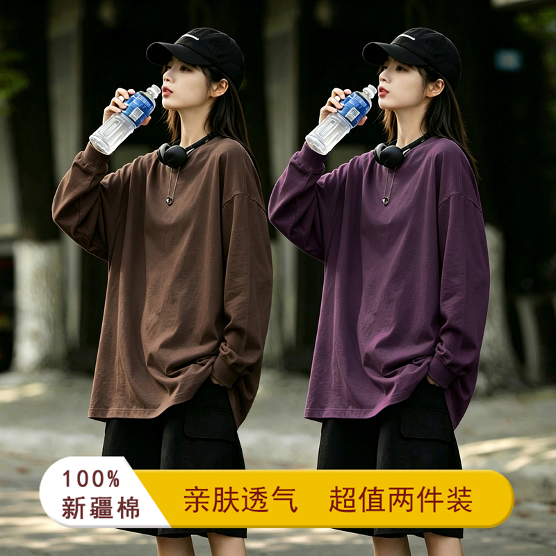 Heavyweight Pure Cotton Women's Long-Sleeve T-Shirt, American Style, Vintage Casual Loose Fit, Lazy Style, Ribbed Top for Autumn Heavyweight Pure Cotton Women's Long-Sleeve T-Shirt, American Style, Vintage Casual Loose Fit, Lazy Style, Ribbed Top for Autumn