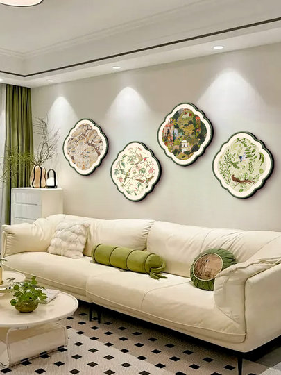 2025 new living room decoration painting creative shape four-part mural cream style floral sofa background wall hanging painting
