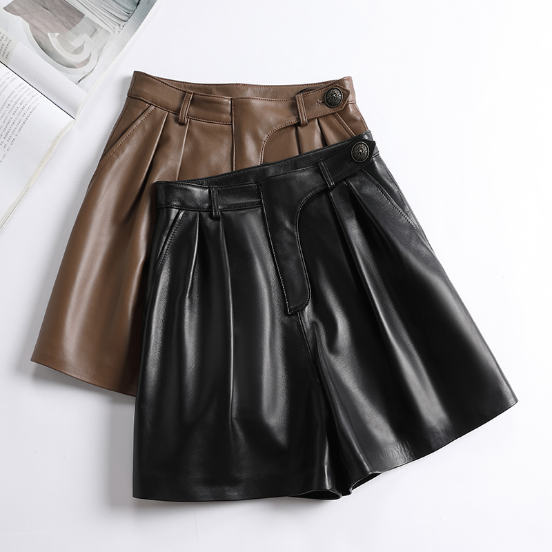 Women's Leather Shorts, Genuine Leather, Loose High-Waisted Wide-Leg Pants, Straight-Cut Slimming Shorts, Casual Mid-Length Shorts, 2025 New Model