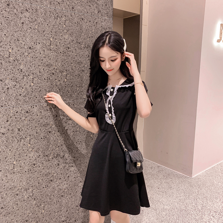VK旗艦店 韓系高腰氣質顯瘦復古木耳邊娃娃領短袖洋裝