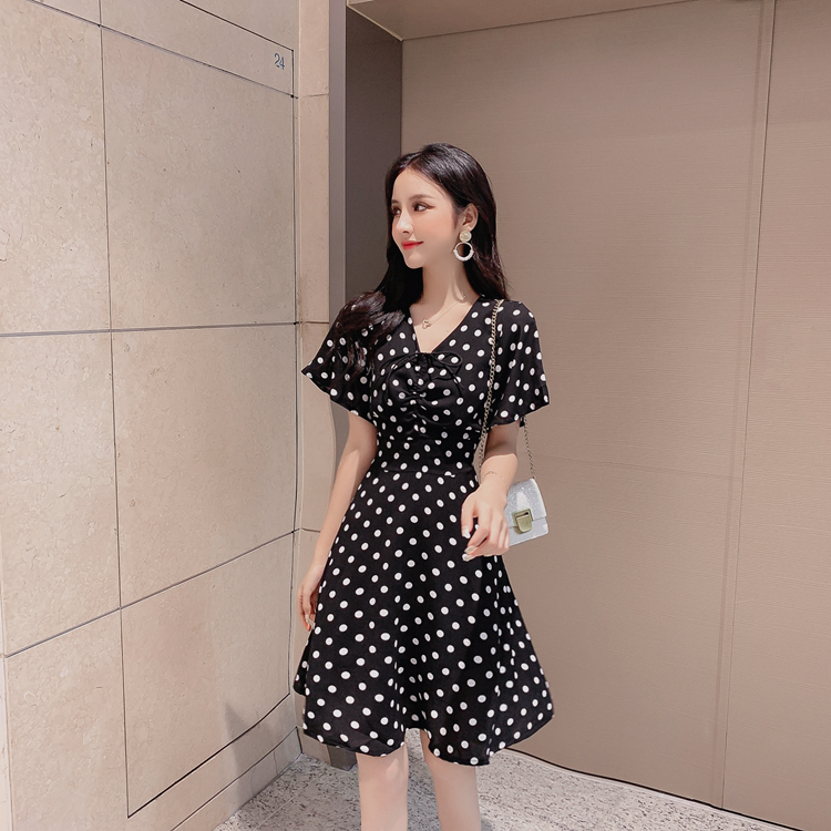 VK旗艦店 韓系復古波點抽褶系帶顯瘦氣質雪紡短袖洋裝