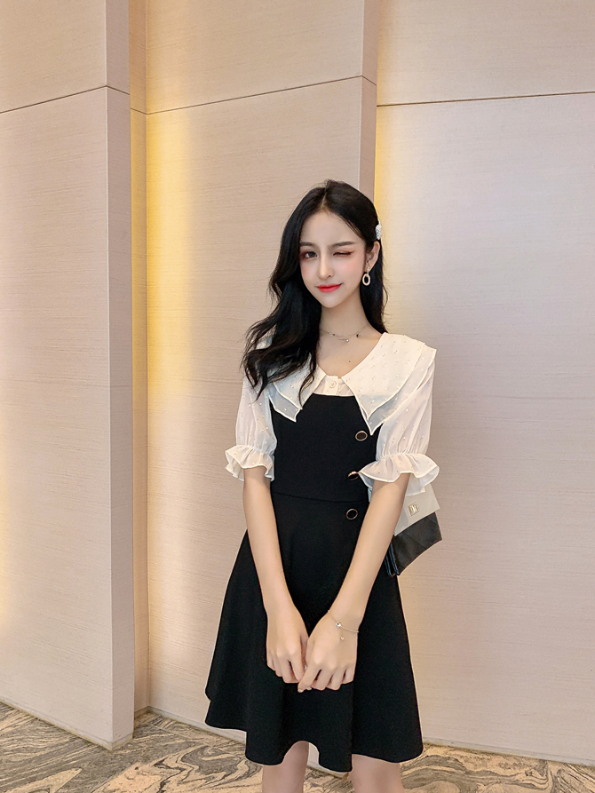 VK旗艦店 韓系收腰雙層娃娃領刺繡雪紡拼接短袖洋裝