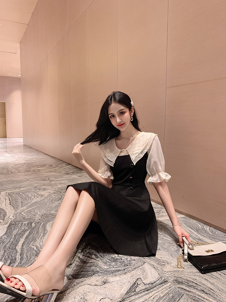 VK旗艦店 韓系收腰雙層娃娃領刺繡雪紡拼接短袖洋裝