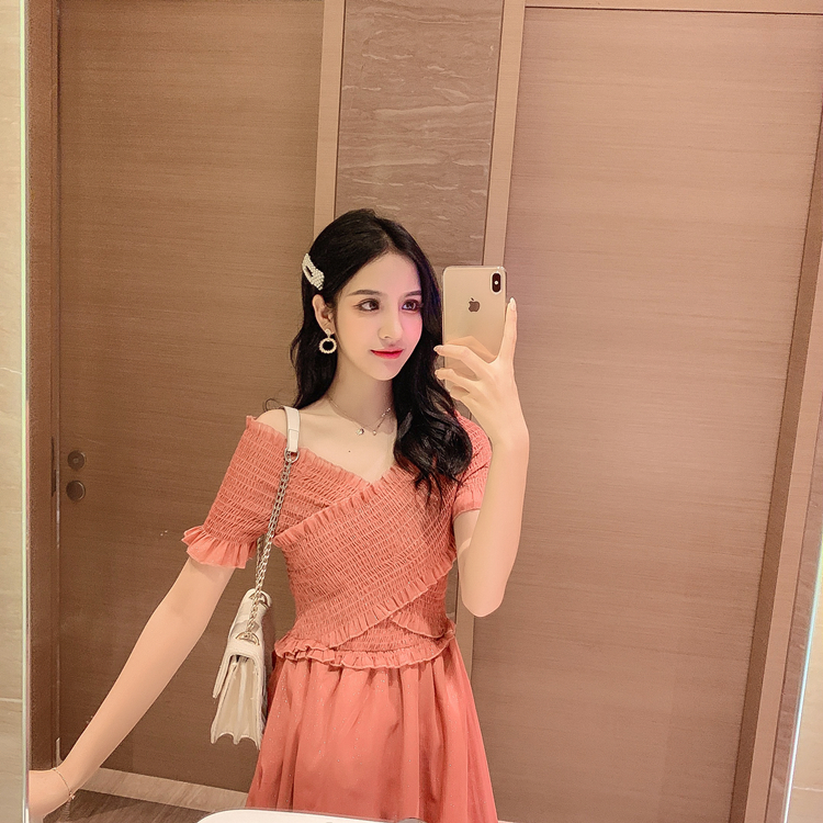 VK旗艦店 韓系復古V領收腰顯瘦紅色格子短袖洋裝