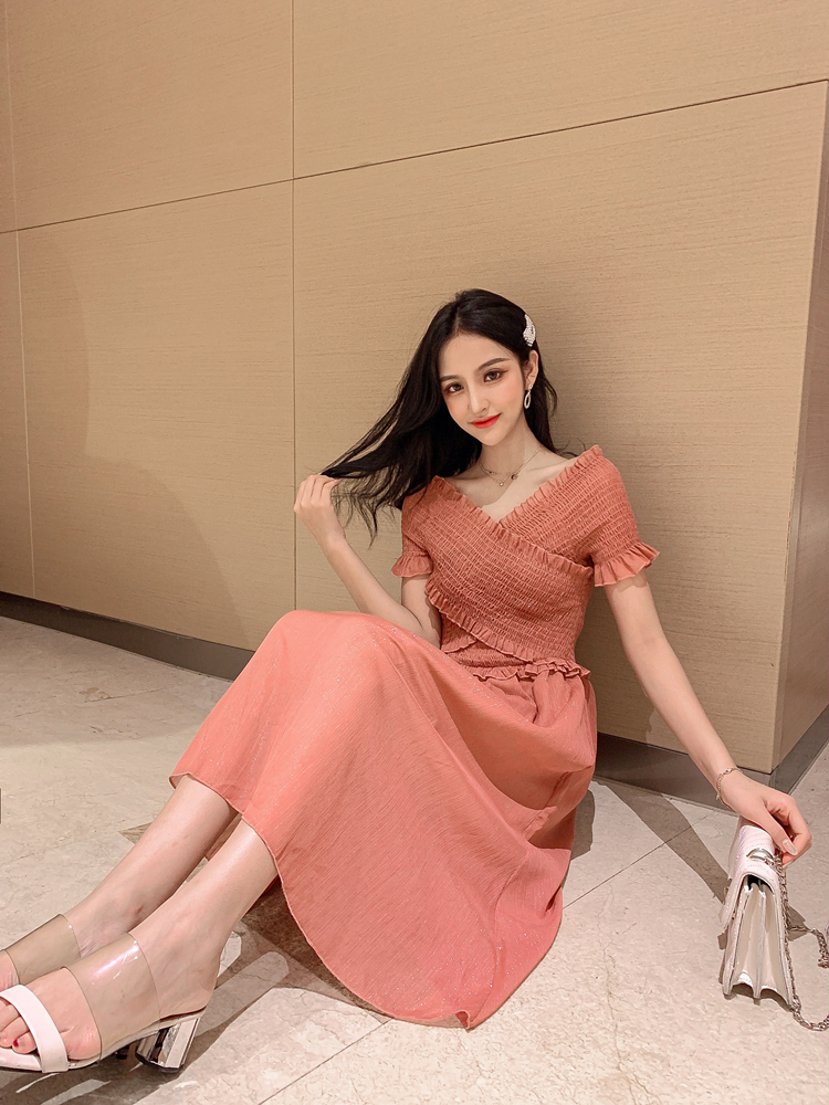 VK旗艦店 韓系復古V領收腰顯瘦紅色格子短袖洋裝