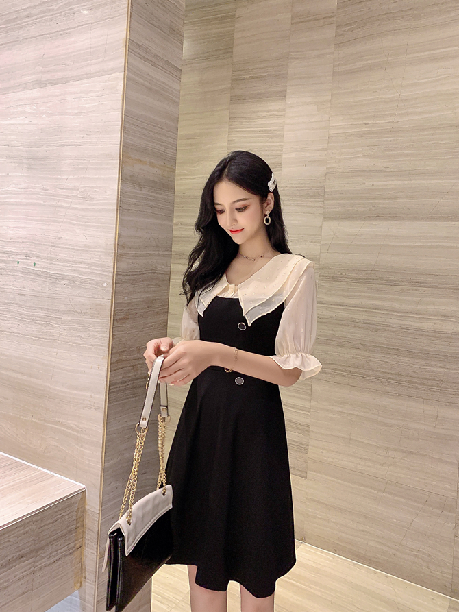 VK旗艦店 韓系收腰雙層娃娃領刺繡雪紡拼接短袖洋裝