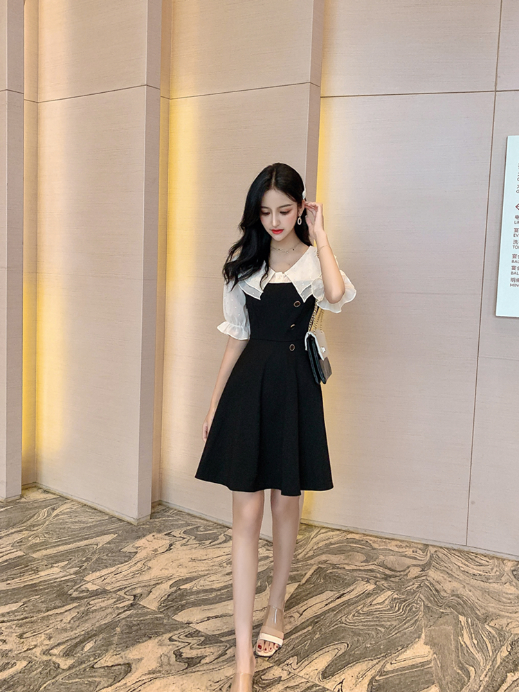 VK旗艦店 韓系收腰雙層娃娃領刺繡雪紡拼接短袖洋裝