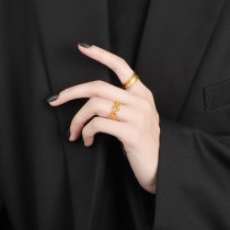 Korean version of simple hammer print ring female ins cold wind metal texture temperament open hammer wood texture food finger ring