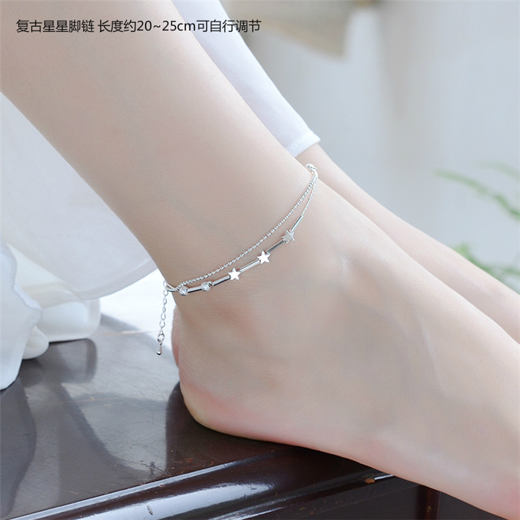 925 sterling silver vòng chân nữ hoang dã tình yêu Hàn Quốc phiên bản của các đơn giản chuông stars đồ trang sức bạc Sen Sở của bạn gái món quà sinh viên