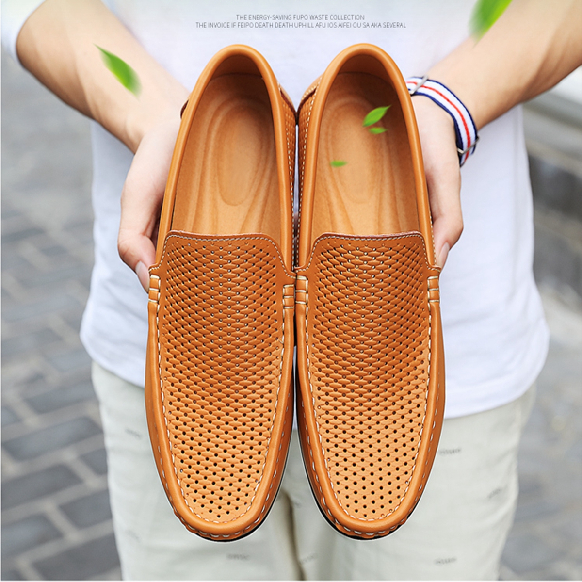 A foot pedal leather shoes man 2022 new real leather strap holes Breathable Hole Cave Sandleather Shoes Business Casual Driving Bean Bean Shoes