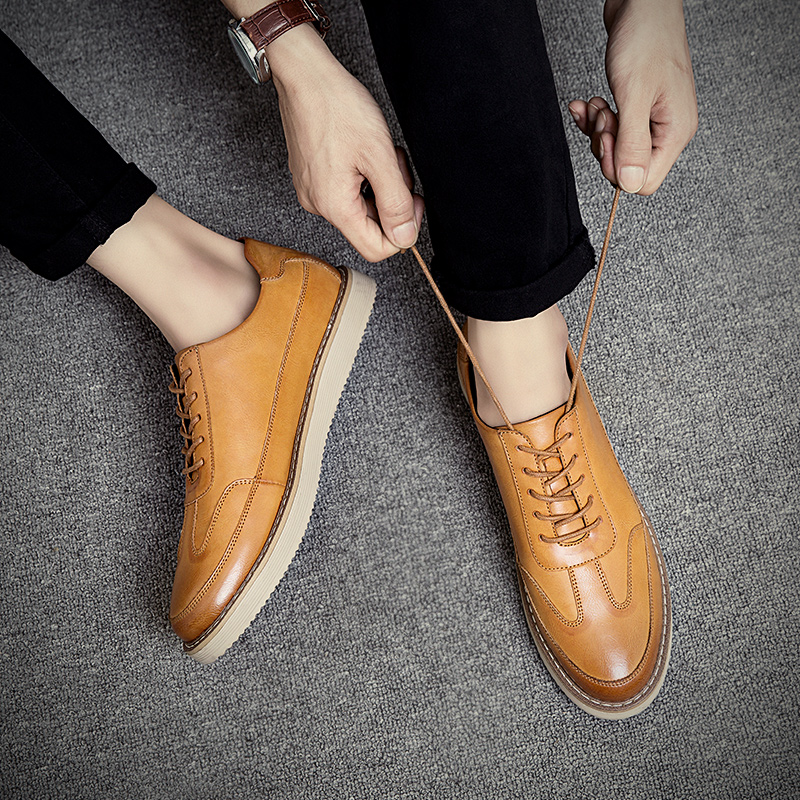 Men's leather shoes new Korean version trendy Bloc genuine leather business casual dress leather shoes 100 lap Inn wind plate shoes