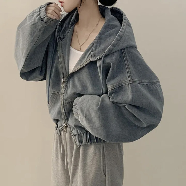 Short denim jacket for women fashion retro loose casual versatile zipper design hooded long-sleeved top