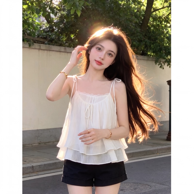 Atmospheric Aesthetic Double-Layer Textured Pure Desire Top for Women, New Summer Style with Lace Trim and Slightly Sheer Straps