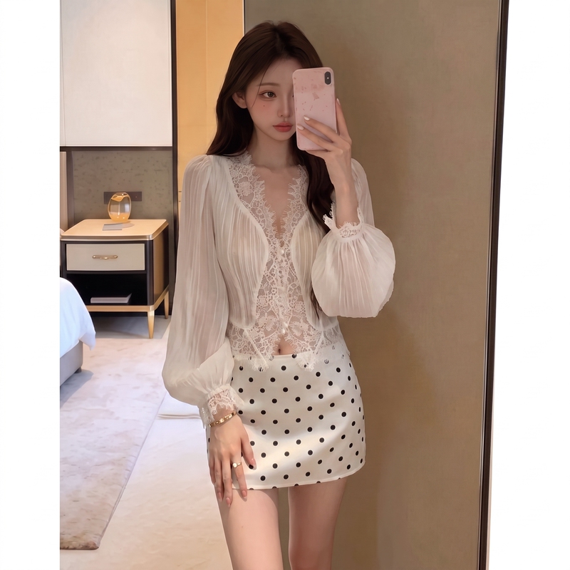 Pure Desire Style Lace Trim Patchwork White Shirt for Women, Early Autumn New Texture Slimming Short Long-Sleeved Top Z Pure Desire Style Lace Trim Patchwork White Shirt for Women, Early Autumn New Texture Slimming Short Long-Sleeved Top Z