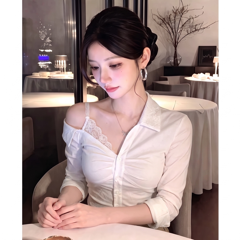 Pure Desire Lace Patchwork V-Neck Shirt for Women, New Autumn Style, Turn-Down Collar Shirt with a Unique Design, Waist-Cinching Long-Sleeve Top Pure Desire Lace Patchwork V-Neck Shirt for Women, New Autumn Style, Turn-Down Collar Shirt with a Unique Design, Waist-Cinching Long-Sleeve Top
