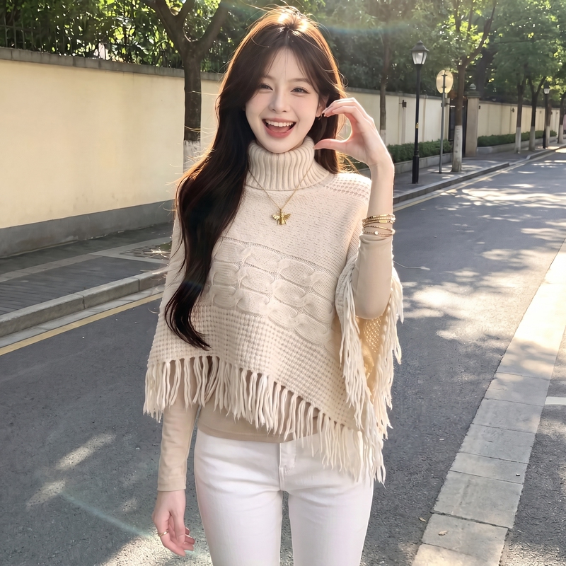 Knitted Sweater for Women, Autumn Outfit, Gentle Apricot Color, Tassel Irregular Cape, Shawl Sweater, Pullover High-Neck Top Knitted Sweater for Women, Autumn Outfit, Gentle Apricot Color, Tassel Irregular Cape, Shawl Sweater, Pullover High-Neck Top