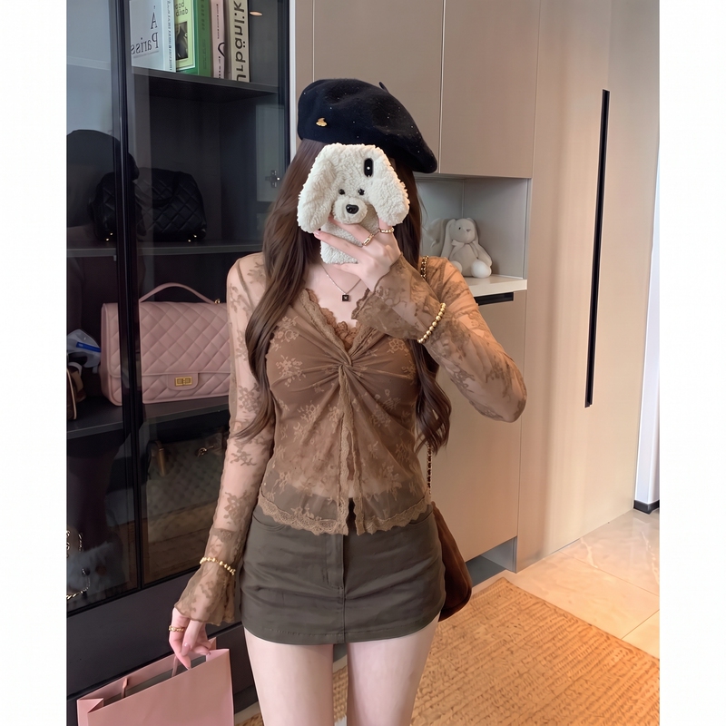 Spicy Girl Style Crochet V-Neck Twist Flare Sleeve Lace Blouse for Women, Autumn Waist-Cinching Slim Fit Versatile Top Z