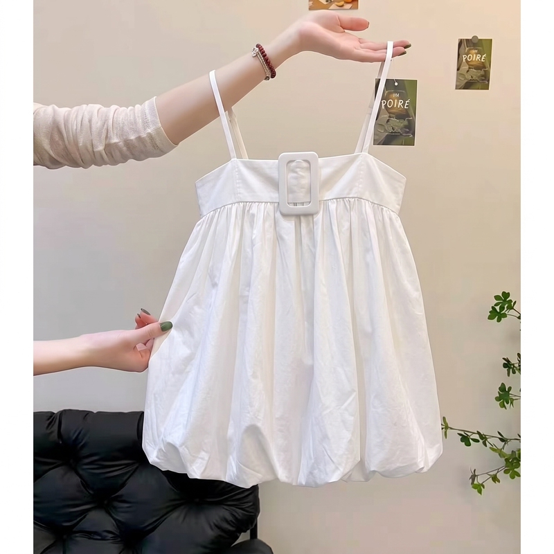 Square Buckle Design Camisole Puff Sleeve Top for Women 2026 Summer New White Loose Slimming Age-Reducing Outerwear Babydoll Shirt
