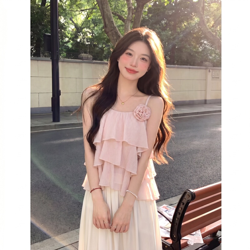 French Sweet Style Ruffled Camisole for Women, New Summer Pink Dopamine Style, Age-Reducing Sleeveless Top