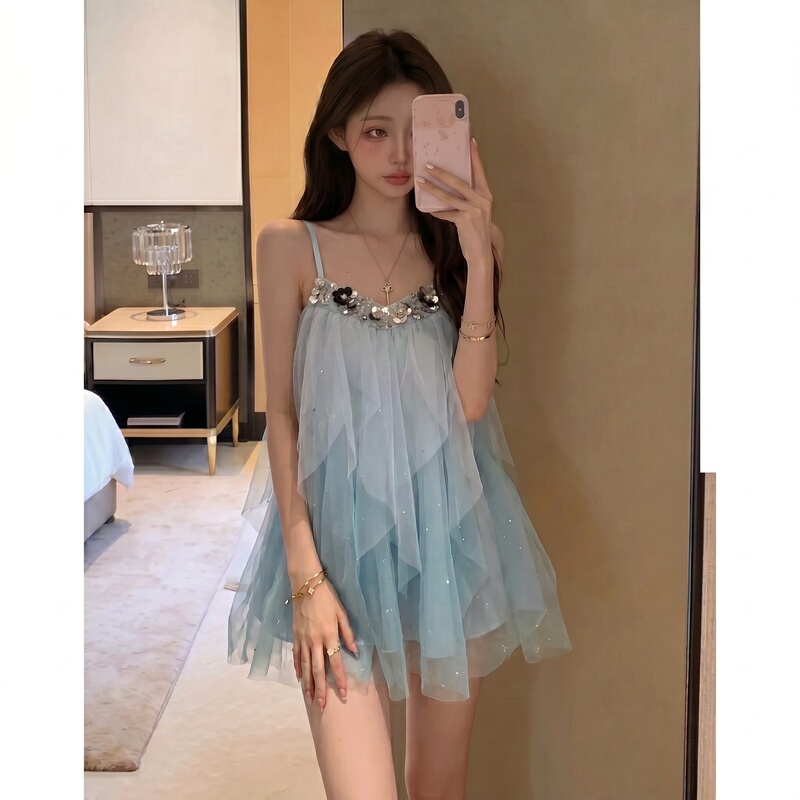 French Sweet Girl Style Mesh Tutu Skirt for Women in Summer, Beaded and Rhinestone-Embellished, Strapless, Waist-Cinching, Slimming, Glitter Fairy Dress