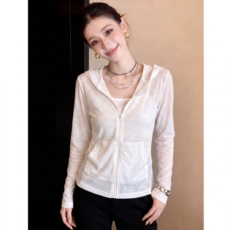 Summer Breathable White Hooded Sun Protection Cardigan for Women, New Thin Style with Zipper, Slim Fit, Versatile Air Conditioning Shirt Top Summer Breathable White Hooded Sun Protection Cardigan for Women, New Thin Style with Zipper, Slim Fit, Versatile Air Conditioning Shirt Top