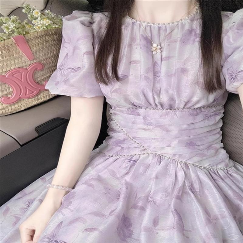 French-Style Tea Break Gentle Wind Purple Floral Dress for Women, Summer Plus Size, Waist-Cinching, Slimming Chiffon Long Dress French-Style Tea Break Gentle Wind Purple Floral Dress for Women, Summer Plus Size, Waist-Cinching, Slimming Chiffon Long Dress