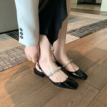 Miss Zhang recommends 2022 spring summer new square head genuine leather water drill jc back empty bag head coarse heel Mary Jane sandals women