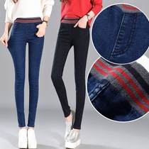Korean version of high-ball nine-point black elastic high waist size plus velvet padded denim leggings women wear super thin