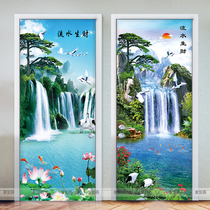 Classical Chinese landscape door stickers self-adhesive wardrobe porch decoration stickers living room door stickers landscape painting flowing water to make money