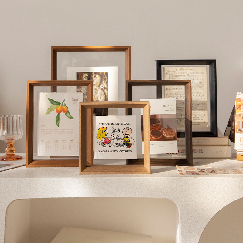Double-Sided Transparent Photo Frame Display Stand 6-Inch 8-Inch Calligraphy and Painting Ornament Acrylic Polaroid Embossed Frame Solid Wood Small Picture Frame