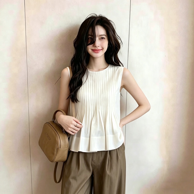 French-Style High-End Round-Neck Pleated Sleeveless Vest for Women, 2026 Summer New White Loose-Fitting Slimming Elegant Top