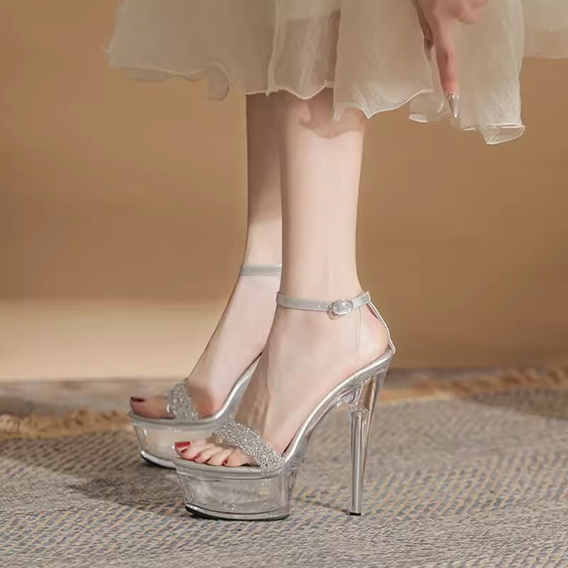 Rhinestone Wedding Shoes 15cm Stiletto Crystal Shoes Transparent Platform Waterproof Sandals Nightclub Sky-High High Heels