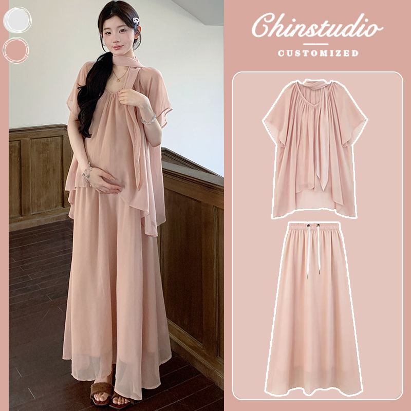 Maternity Suit 2026 New Style Stylish Short-Sleeved Top and Skirt That Doesn'T Show Pregnancy, High-End Trendy Mom Outfit Maternity Suit 2026 New Style Stylish Short-Sleeved Top and Skirt That Doesn'T Show Pregnancy, High-End Trendy Mom Outfit