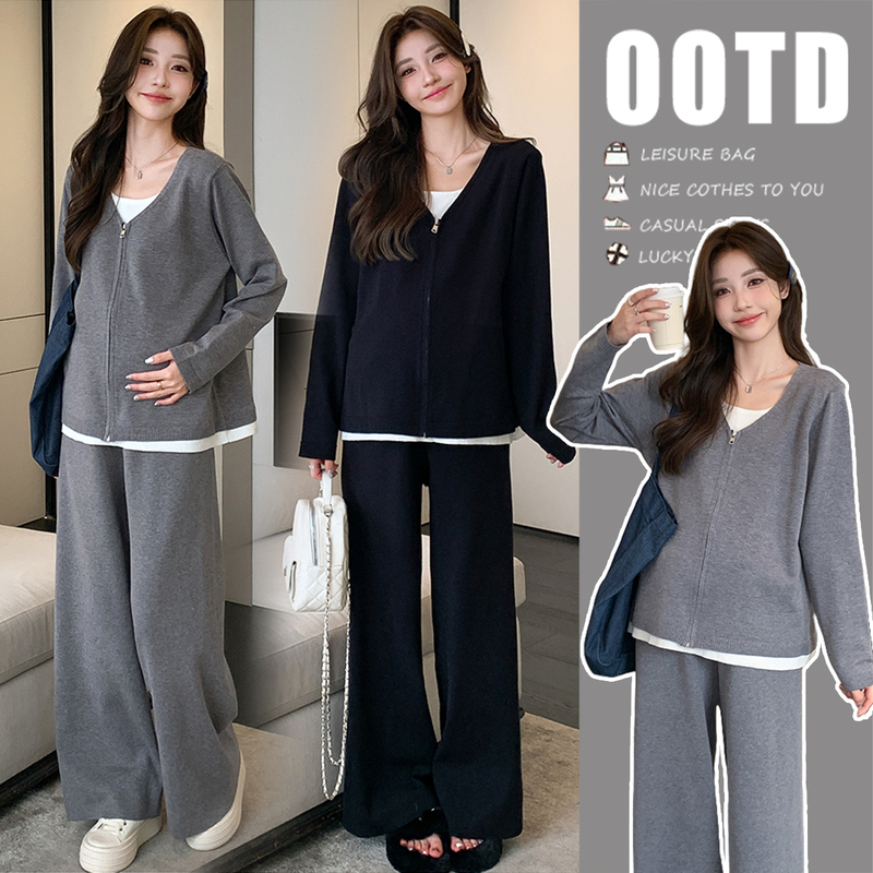 Maternity Wear Autumn and Winter Set 2026 New Style Fake Two-Piece Top Wide-Leg Pants Stylish and High-End Pregnancy Outfit