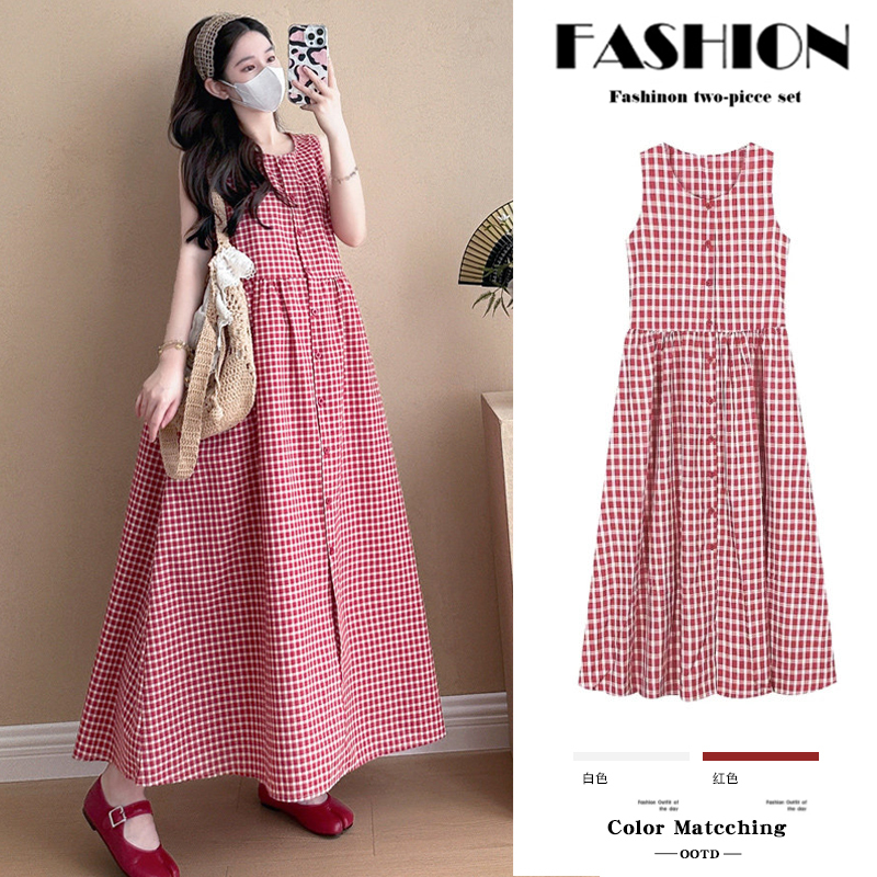 Maternity Wear Summer Suit 2026 New Red Plaid Dress That Makes You Look Whiter and Slimmer, High-End Style for Pregnant Mothers