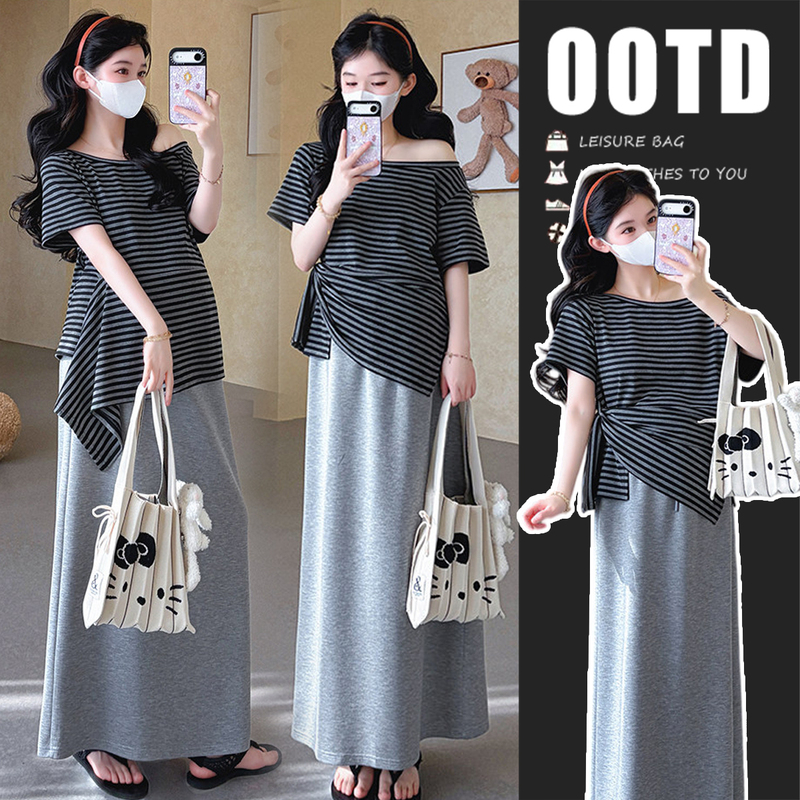 Maternity Wear Summer Suit 2026 New Style Elegant Striped Off-Shoulder Top and Skirt for Pregnant Women with a High-End Feel