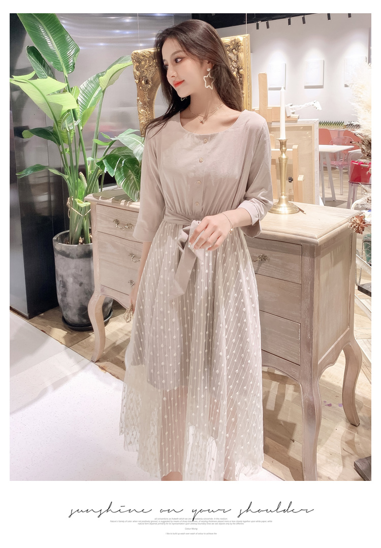 VK旗艦店 韓系網紗圓領修身仙女裙百搭輕熟長袖洋裝