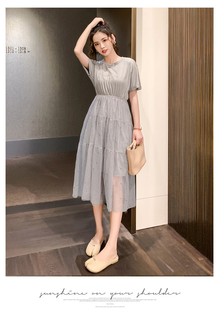 DABI 韓系休閒收腰T恤拼接網紗亮片短袖洋裝 DABI 韓系休閒收腰T恤拼接網紗亮片短袖洋裝