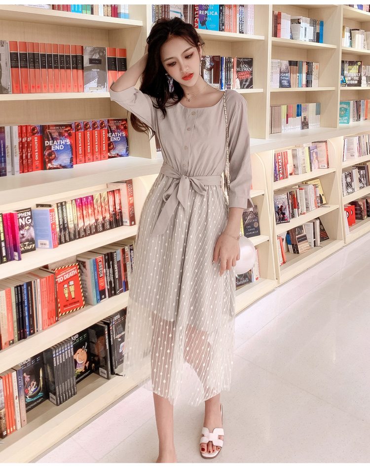 VK旗艦店 韓系網紗圓領修身仙女裙百搭輕熟長袖洋裝