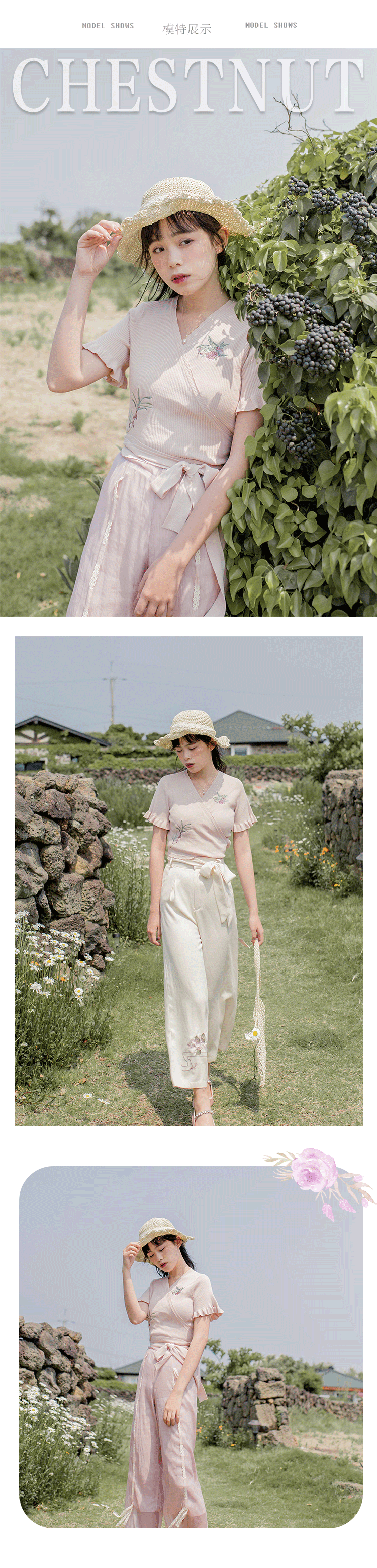 "Hoa gương" Li bạn cùng lớp gốc tự chế Sen thêu nước sốt hoa quả lá sen tay áo v-cổ tie knit cardigan áo khoác len nữ