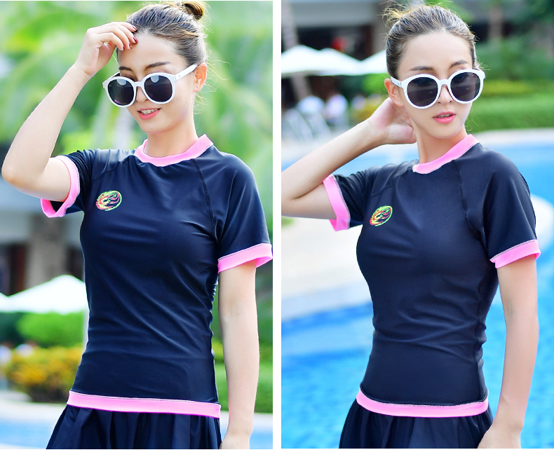 Nữ chia áo tắm top đơn tay áo ngắn mỏng bảo thủ thể thao yoga top kích thước lớn áo tắm ngoài trời bộ đồ bơi nữ 2 mảnh	